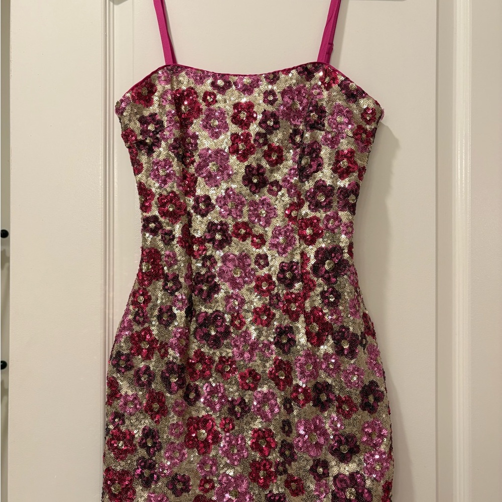 Floral Sequin Dress with Pink Straps